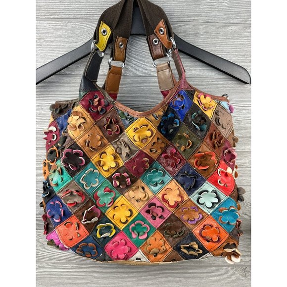 Multi Color Flower Genuine Leather Hobo Handbag Purse - Picture 2 of 9
